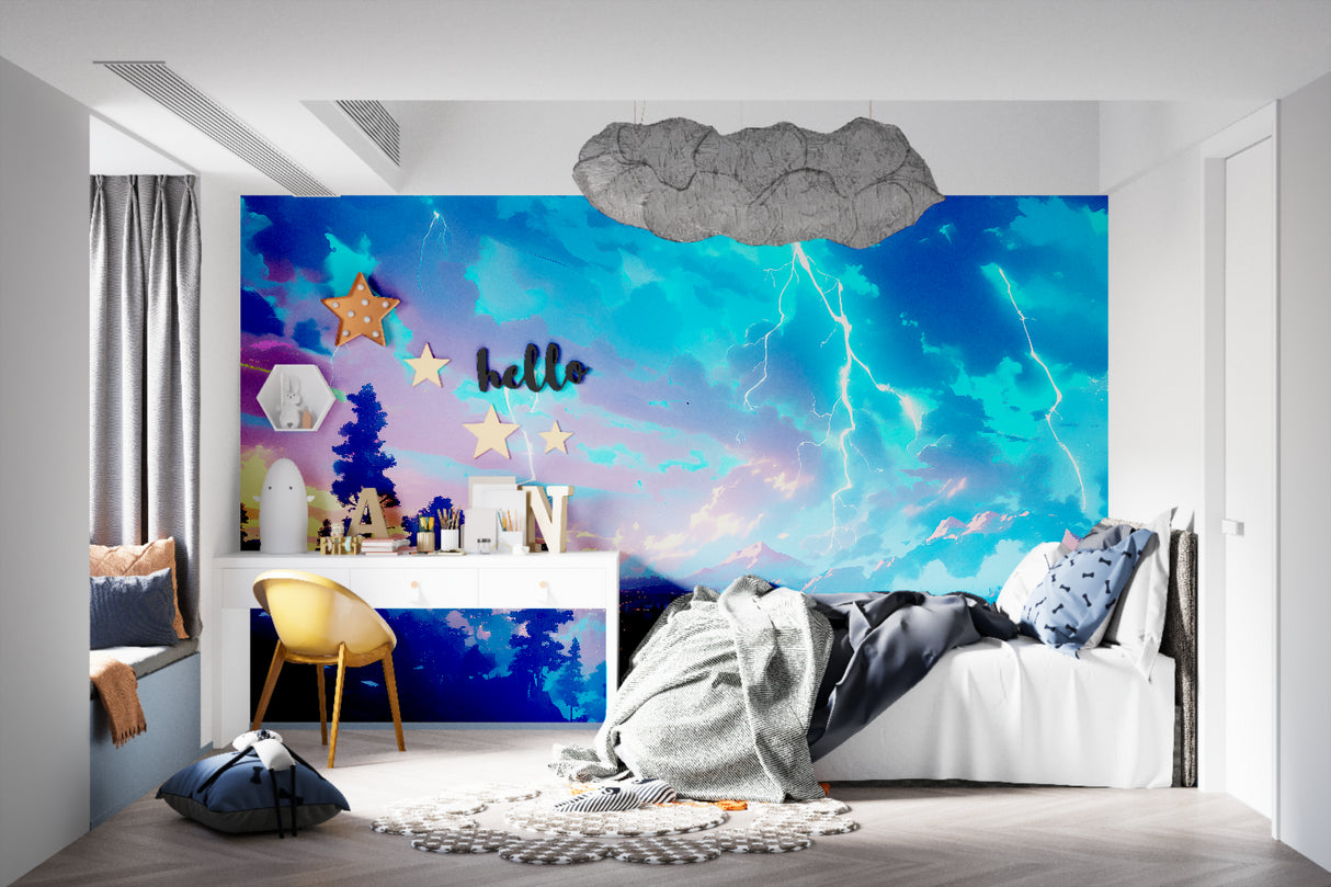 Electric Storm Wallpaper enhancing teen bedroom with dramatic sunset and lightning bolts
