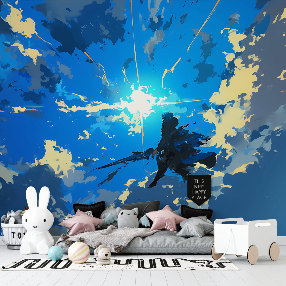 Sky mural wallpaper creating depth in modern living room with blue and gold accents