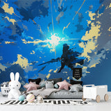 Sky mural wallpaper creating depth in modern living room with blue and gold accents