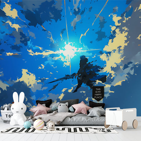 Sky mural wallpaper creating depth in modern living room with blue and gold accents