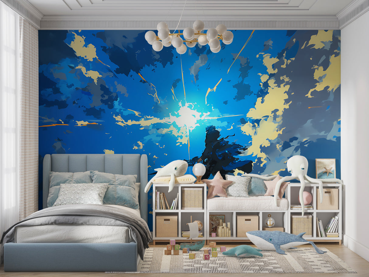 Celestial sky wallpaper in bright bedroom showing golden light rays