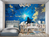 Celestial sky wallpaper in bright bedroom showing golden light rays