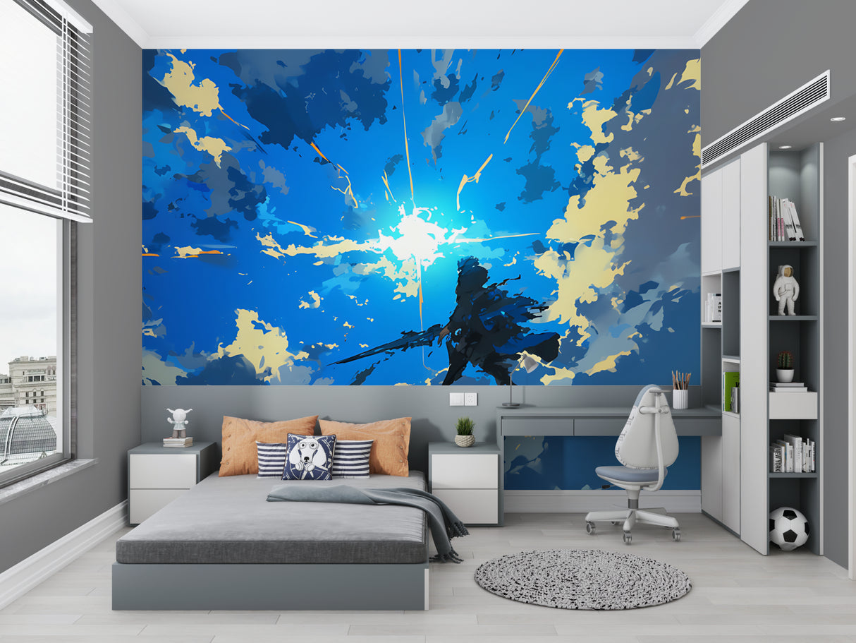 Blue and gold sky mural adding height to dining room walls