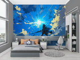 Blue and gold sky mural adding height to dining room walls