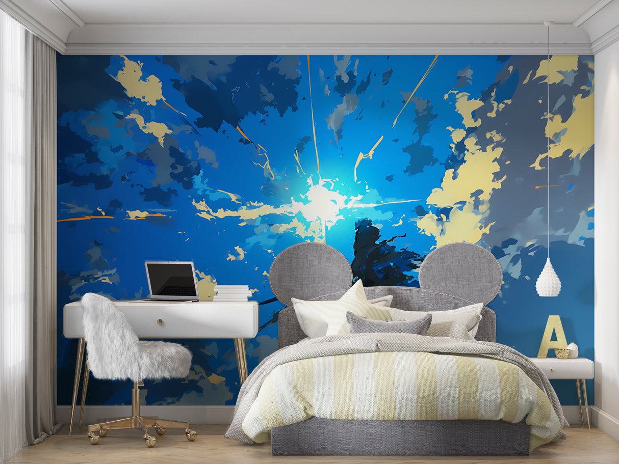 Sky wallpaper bringing light to home office space