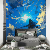 Cloud mural installation in meditation room showing scale