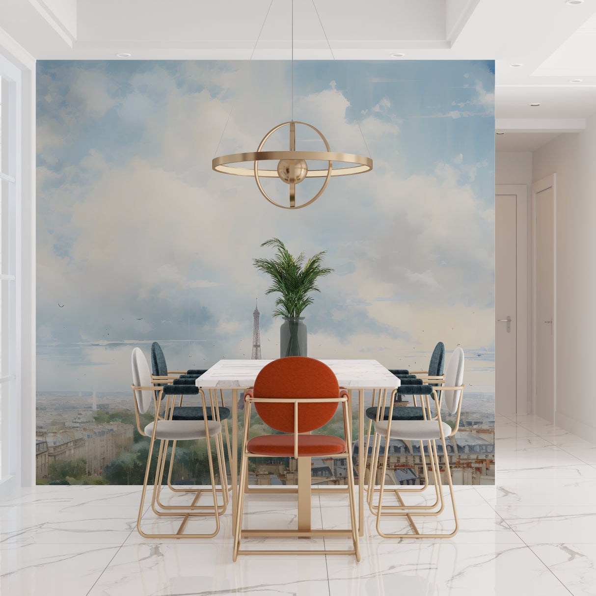 Paris watercolor wallpaper in modern white dining room with natural light streaming through windows