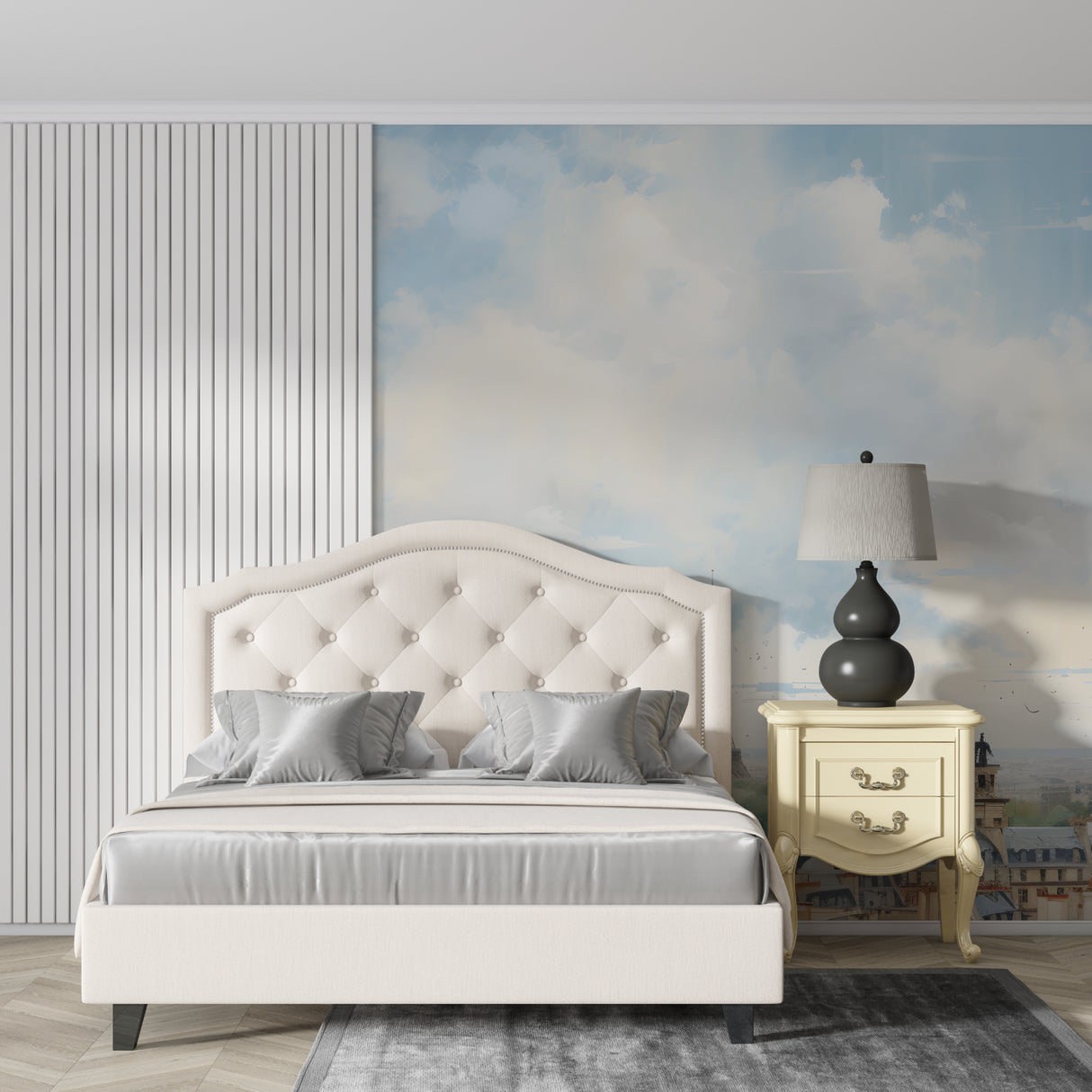 Bedroom featuring Paris sky mural wallpaper creating peaceful atmosphere with soft blue tones