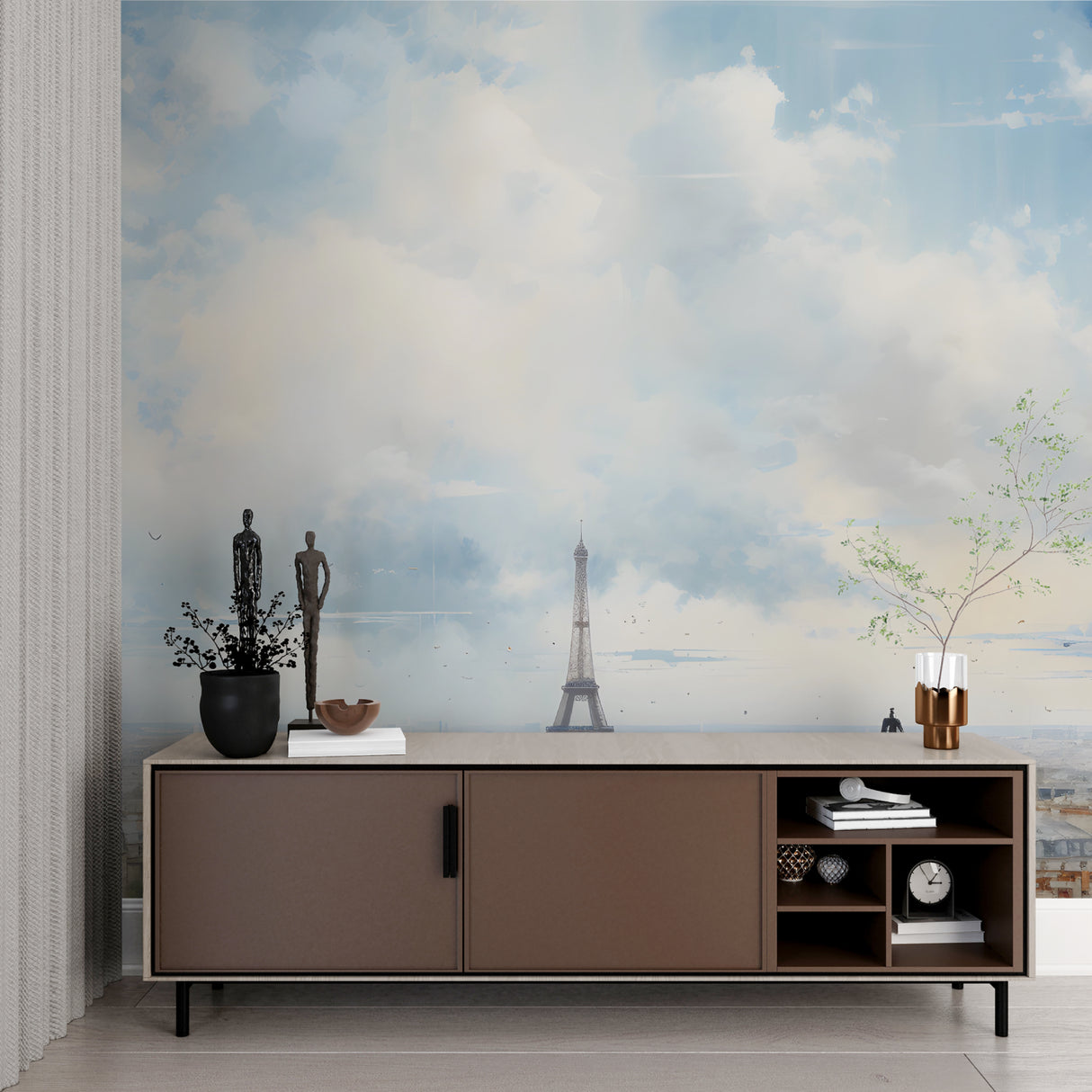 Living room with Paris watercolor wallpaper showing Eiffel Tower vista and dreamy clouds