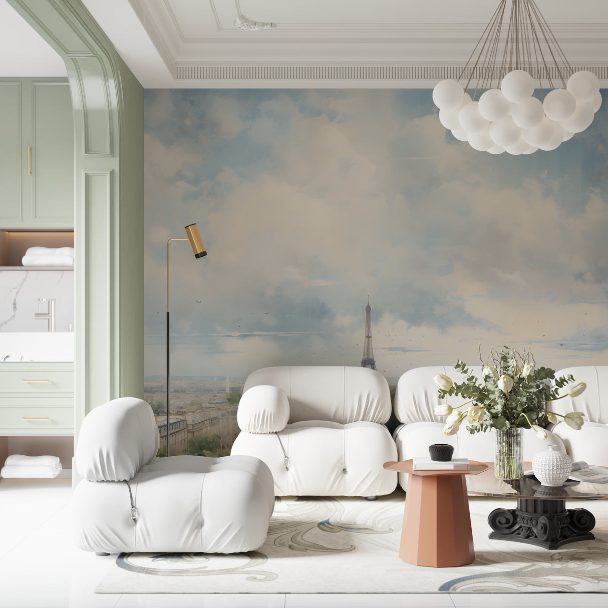 Home office space with Paris cityscape wallpaper creating inspiring work environment