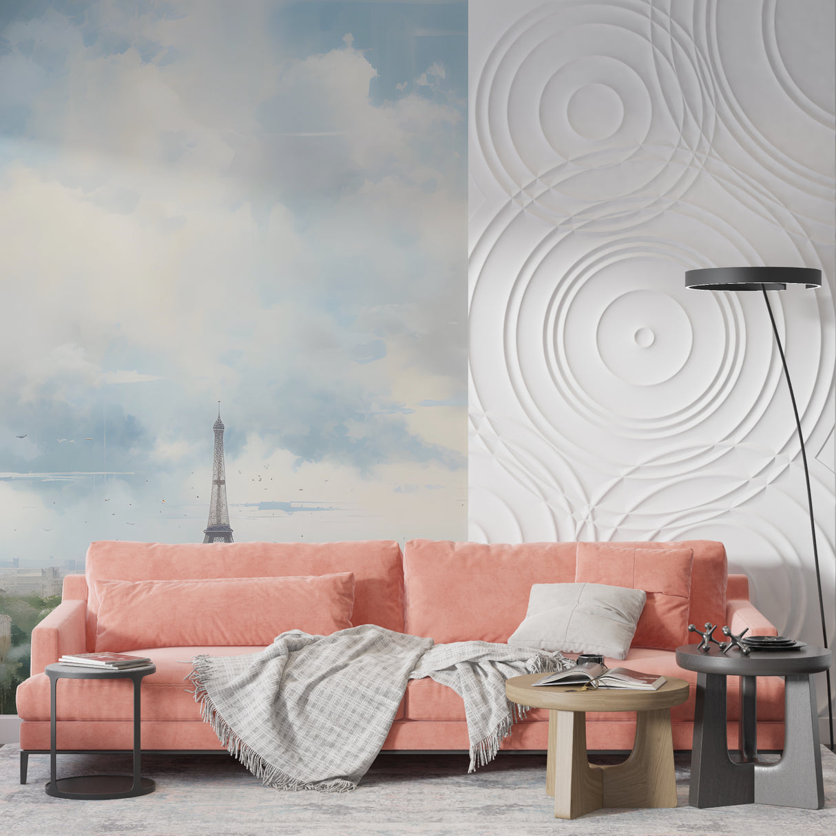 Reading nook with Paris sky mural adding depth and French charm to small space