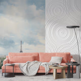 Reading nook with Paris sky mural adding depth and French charm to small space