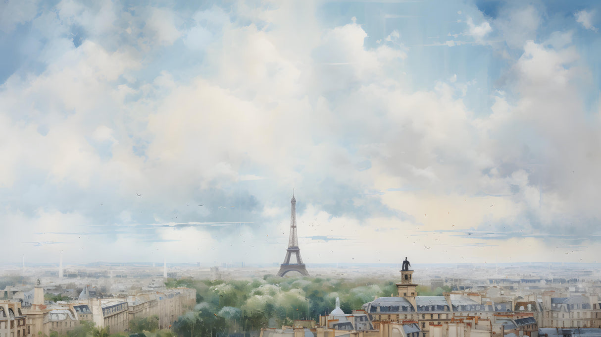 Design file showing full Paris watercolor pattern with soft clouds and city silhouette