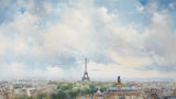 Design file showing full Paris watercolor pattern with soft clouds and city silhouette