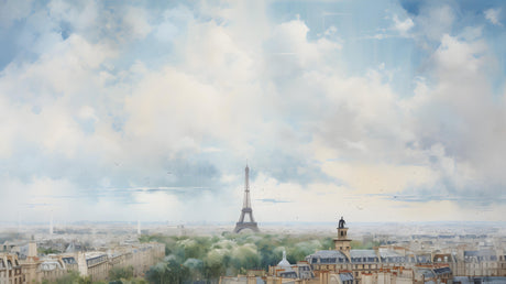 Design file showing full Paris watercolor pattern with soft clouds and city silhouette