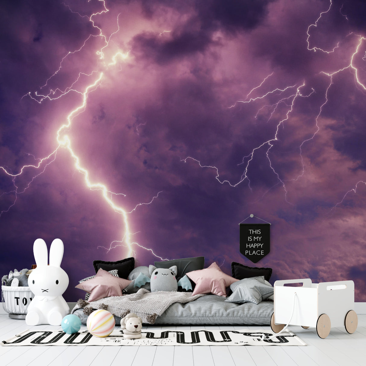 Purple Lightning Storm Wallpaper in modern living room with ambient lighting highlighting the dramatic sky effect