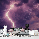 Purple Lightning Storm Wallpaper in modern living room with ambient lighting highlighting the dramatic sky effect