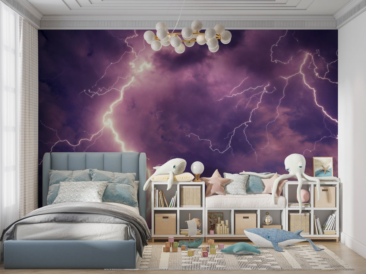 Lightning Storm Wall Mural creating atmosphere in gaming room with LED accent lights