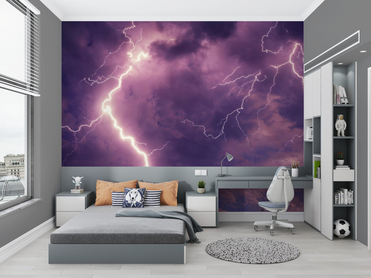 Storm Sky Wallpaper bringing drama to contemporary bedroom with purple accents