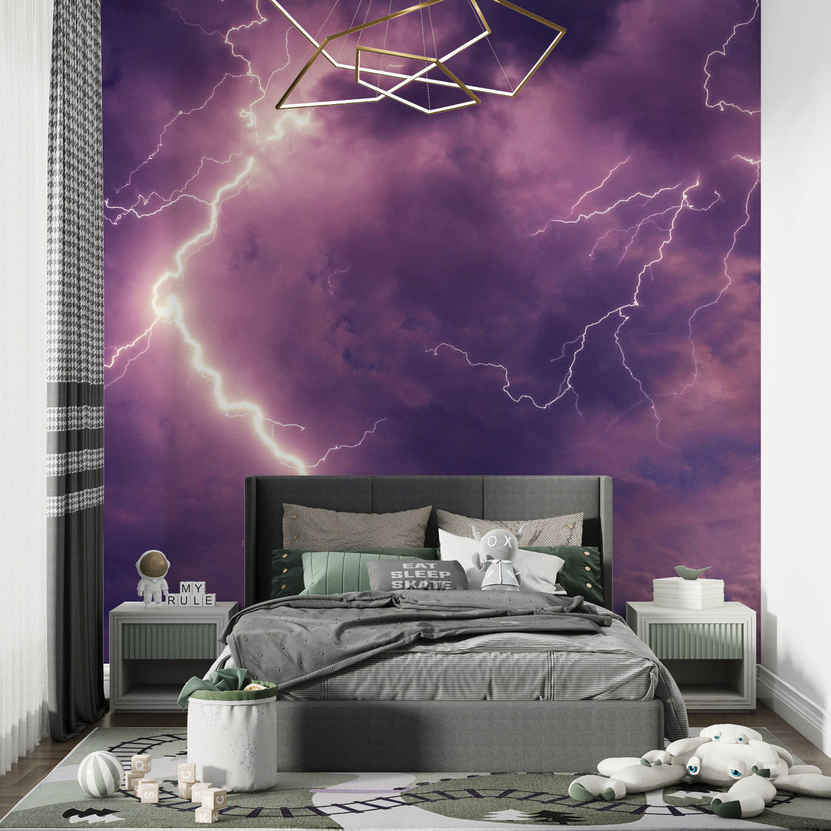 Purple Storm Mural making statement in home office with modern furniture