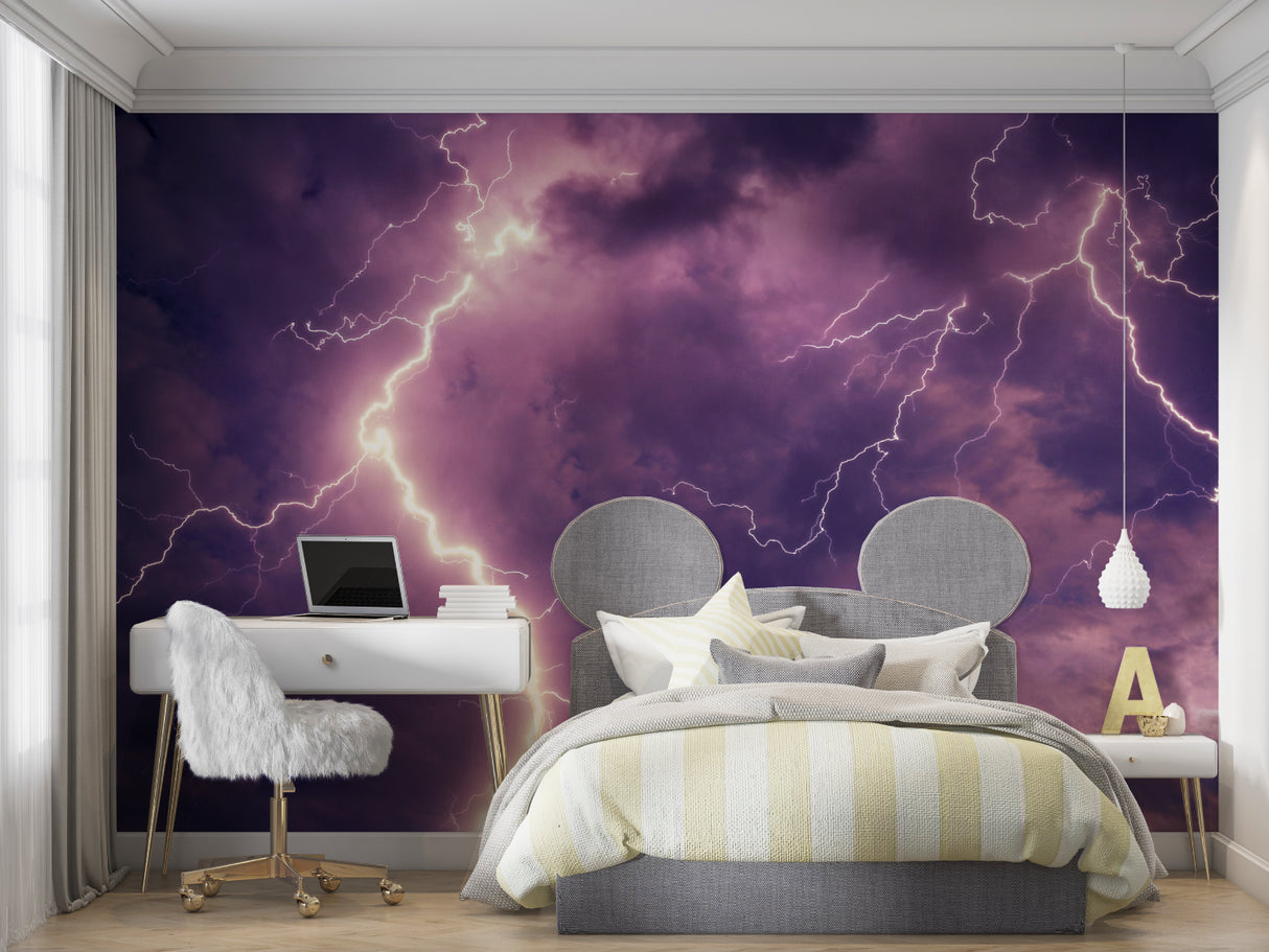 Lightning Wall Design transforming teen room with dramatic purple sky effect