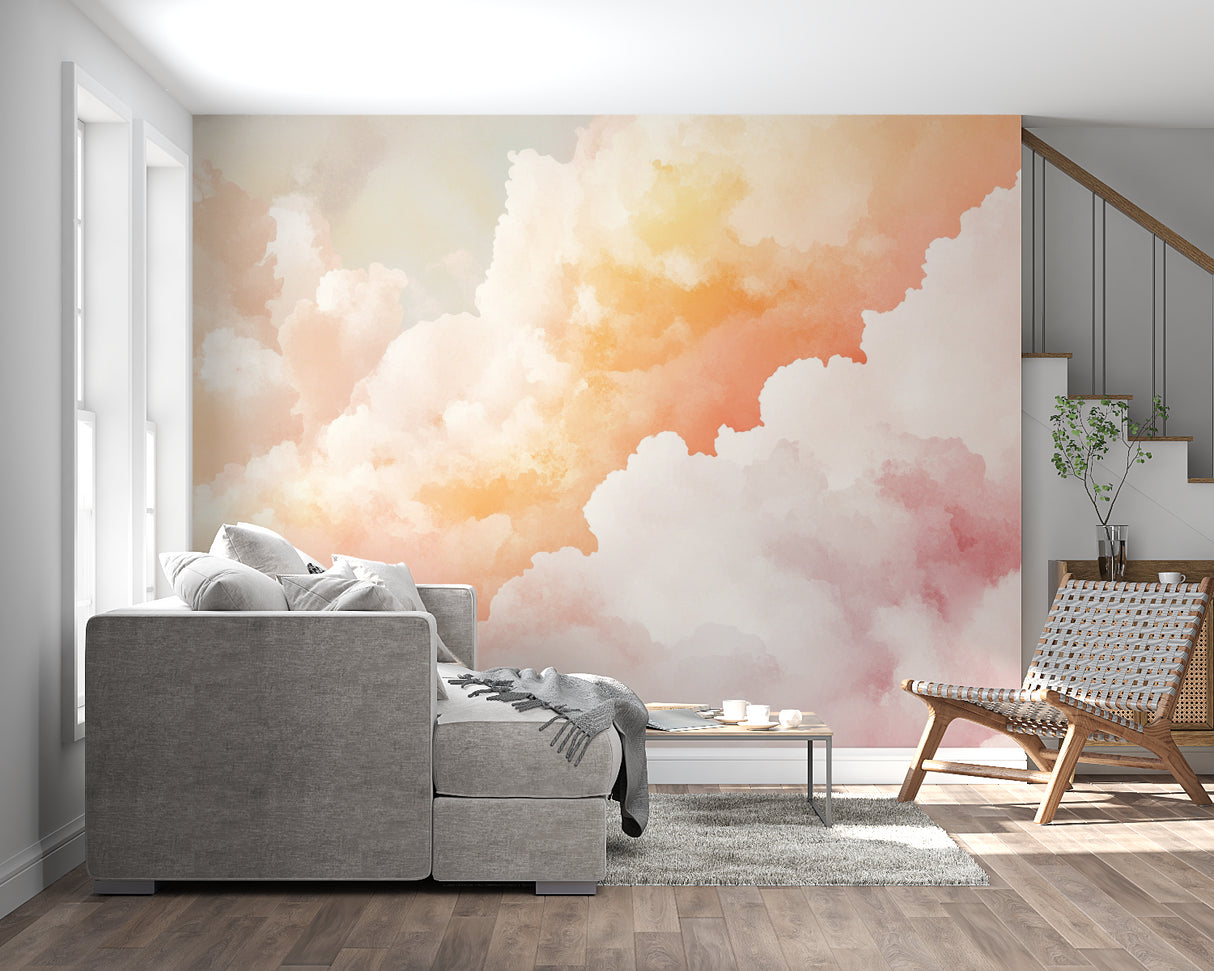 Sky mural creating peaceful atmosphere in yoga studio setting