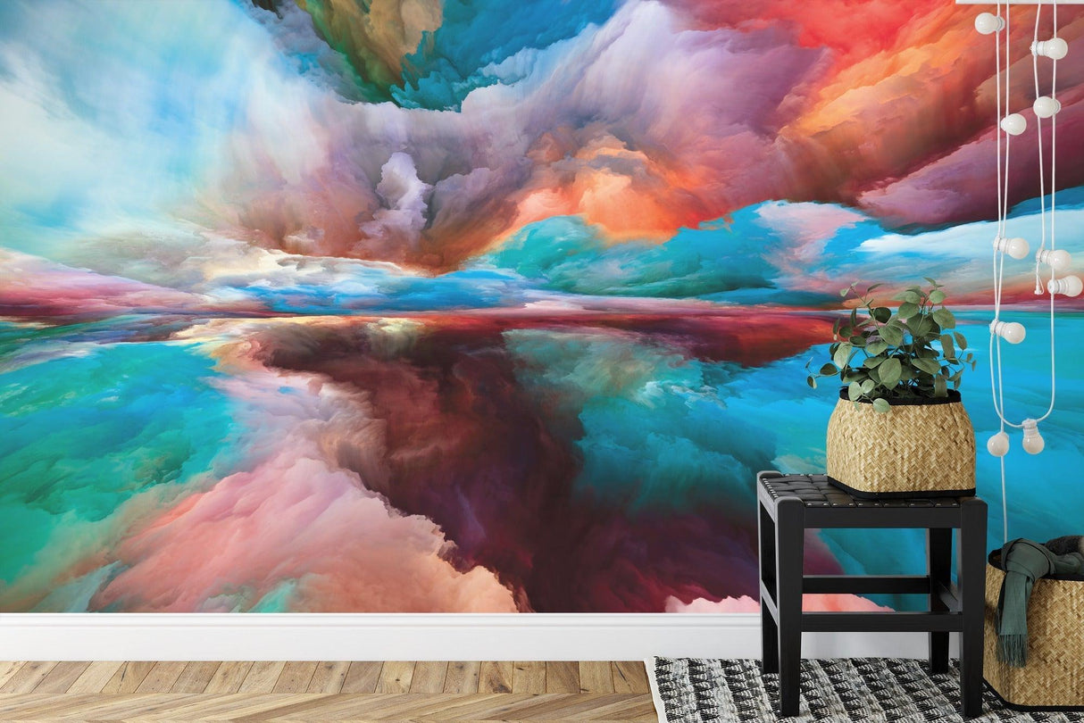 Colorful cloud landscape wallpaper brightening a bedroom with natural light streaming through windows