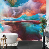 Sky mural wallpaper adding depth to a minimalist dining room with contemporary decor