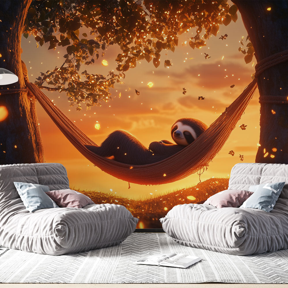 Sloth wall mural creating a warm, magical atmosphere in a modern kid's bedroom with reading nook and soft lighting