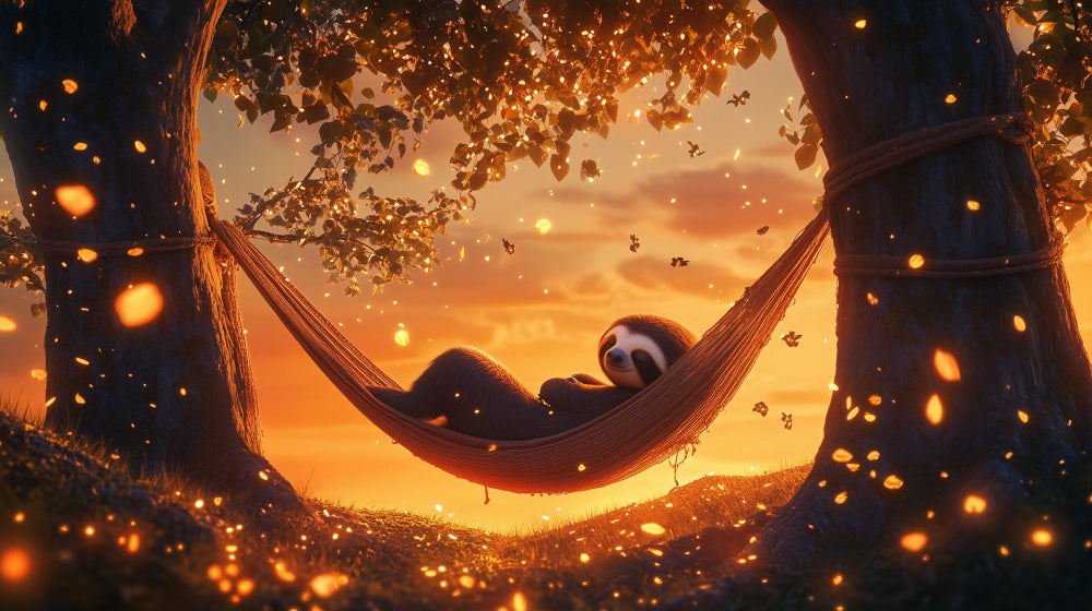 Sloth wallpaper design file showing detailed sunset forest scene with gentle sloth in hammock
