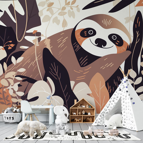 Sloth jungle wallpaper in bright kids bedroom, showing playful tropical design with warm neutral colors