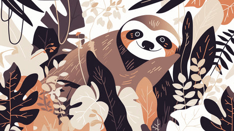 Modern jungle sloth wallpaper design file with tropical leaves pattern