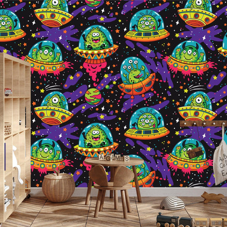 Space aliens wallpaper bringing cosmic fun to a modern kids bedroom with glowing UFOs and friendly aliens