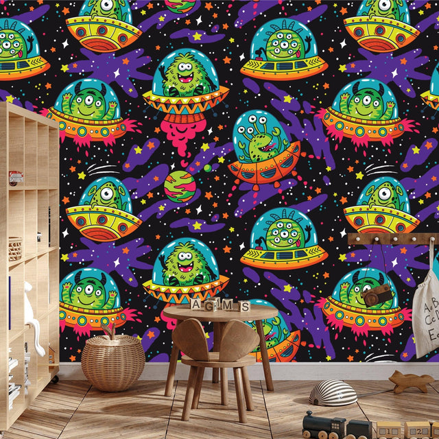 Space aliens wallpaper bringing cosmic fun to a modern kids bedroom with glowing UFOs and friendly aliens