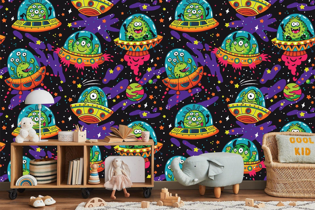 Space-themed nursery featuring UFO galaxy wallpaper with playful alien characters