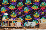 Space-themed nursery featuring UFO galaxy wallpaper with playful alien characters