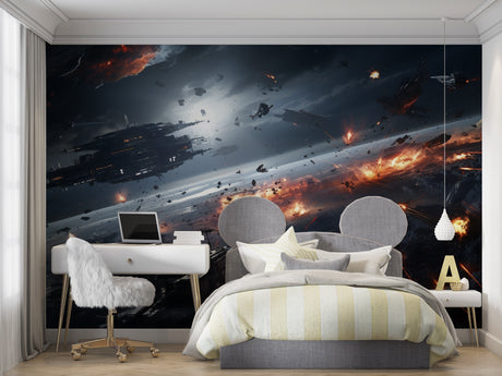 Space battle mural wallpaper bringing epic action to a modern gaming room setup