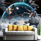 Space battle wallpaper mockup in modern kids bedroom, showing epic galactic combat scene with spaceships