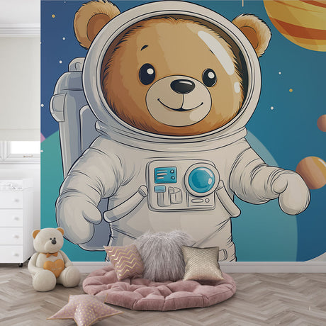 Space Bear Wallpaper creating a magical galaxy atmosphere in a modern nursery with soft lighting and floating astronaut teddy design