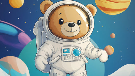 Space Bear Wallpaper design file showing detailed astronaut teddy floating in a starry galaxy with planets