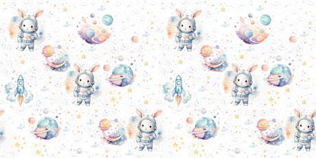 Space bunny wallpaper design file showing watercolor astronaut bunnies and pastel planets pattern