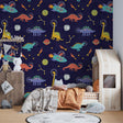 Space dinosaur wallpaper bringing magic to a modern kids bedroom, with soft lighting highlighting the playful design