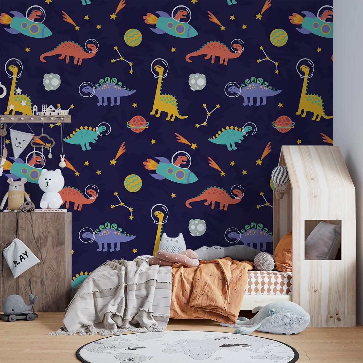 Space dinosaur wallpaper bringing magic to a modern kids bedroom, with soft lighting highlighting the playful design