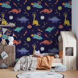 Space dinosaur wallpaper bringing magic to a modern kids bedroom, with soft lighting highlighting the playful design