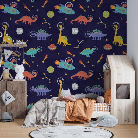Space dinosaur wallpaper bringing magic to a modern kids bedroom, with soft lighting highlighting the playful design