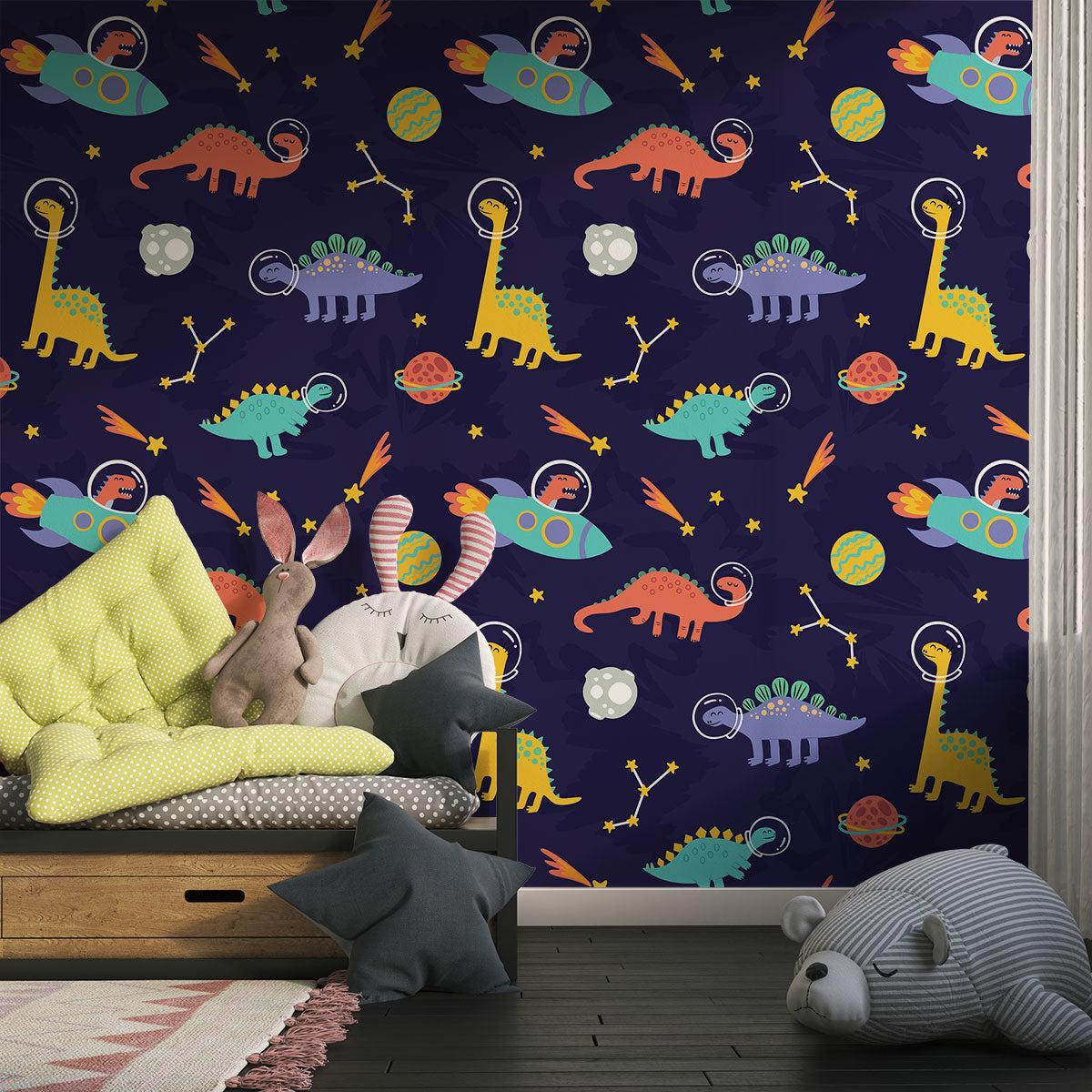 Cosmic dinosaur mural installed in a cozy nursery, showing the perfect scale of the fun space pattern