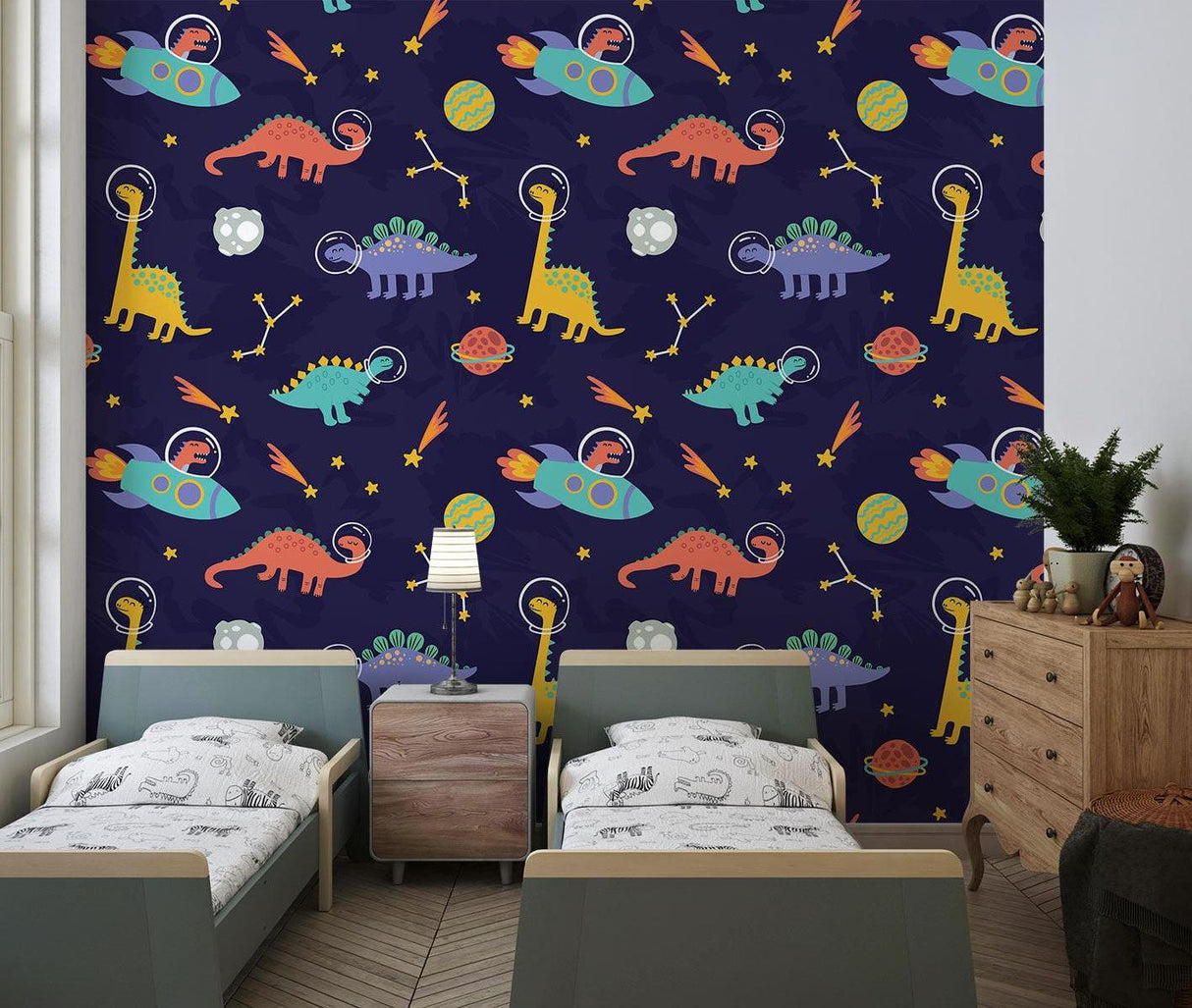 Playroom featuring the space dinosaur wallpaper, demonstrating how it sparks imagination during playtime