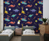 Playroom featuring the space dinosaur wallpaper, demonstrating how it sparks imagination during playtime