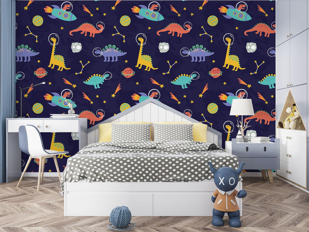 Space themed dinosaur wall mural in a study corner, creating an inspiring learning environment
