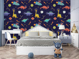 Space themed dinosaur wall mural in a study corner, creating an inspiring learning environment